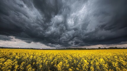 Thunderstorm approaching rapeseed field, symbolizing weather and forecast.