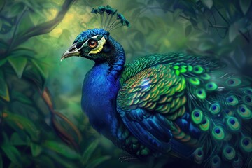 Fototapeta premium Beautiful peacock showing its colorful plumage in a lush jungle setting, creating a vibrant and exotic scene
