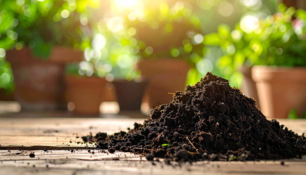 Heap of turf soil for houseplants on wooden table, rich dark potting mix, blurred plants in pots