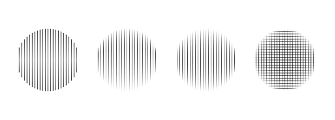 Set of Four Abstract Circle Icons with Vertical and Cross-Hatch Line Shading Monochrome Graphic Elements