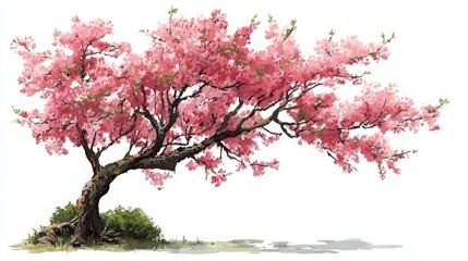 Fototapeta premium Watercolor vector of a blooming tree, side view on white, ideal for landscaping, architectural drawings, and botanical garden elements.