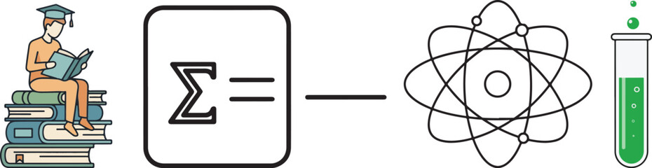 Science Education Vector with Student, Summation, Atom, and Test Tube