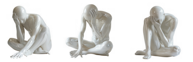 Three white figures in despair isolated on transparent background, representing sadness, grief, and emotional pain in a minimalist style