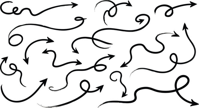 Winding curved arrow collection thin looping lines hand drawn direction pointer element set.