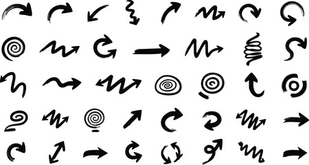 Brush stroke arrow collection rough grunge black directional pointers spiral symbols set.