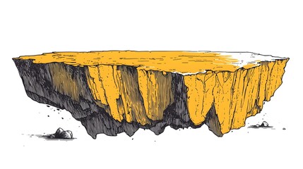 A surreal floating island of rugged layered rock with a golden plateau isolated on white