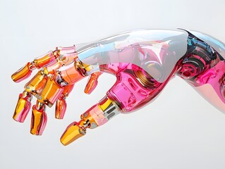 A transparent multi colored robotic hand with intricate internal mechanisms is shown against a clean white background