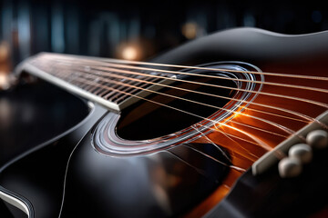 Closeup Acoustic Guitar Detail Sunburst Finish Polished Wood Strings