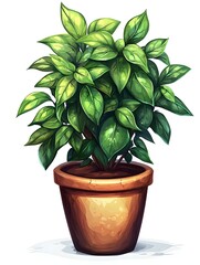 A vibrant green potted plant with lush leaves in a terracotta pot isolated on white