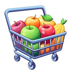 A vibrant illust n of a blue shopping cart overflowing with a colorful assortment of fresh fruits including s and bananas