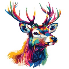 A vibrant multi colored stylized illust n of a majestic deer with elaborate antlers
