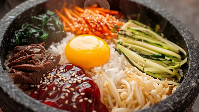 Close-up of a bibimbap bowl showcasing fresh vegetables, rice, and egg, emphasizing vibrant colors and textures, camera smoothly zooms in for detail