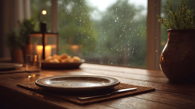 A cozy dinner table setting by the window during a gentle rain shower illuminated by warm candlelight