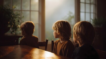 Three young boys sit at a wooden table looking out a misty window in the soft morning light