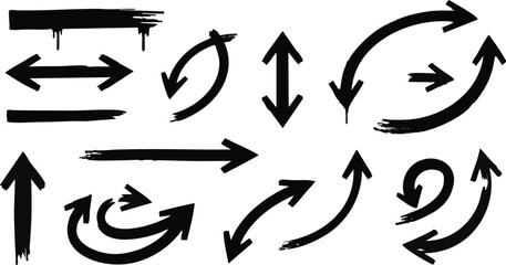 Various brush stroke direction arrows set black symbols isolated on transparent background