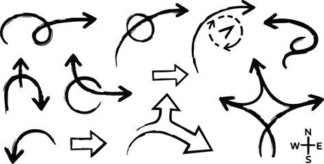 Collection of sketched navigational elements including compass rose pointer arrows and swirls.