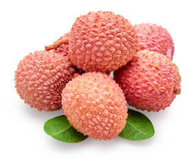 Lychee fruits with green leaves isolated on white background. File contains clipping path.