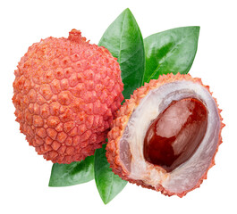 Lychee fruit, green lychee leaves and lychee cut in half isolated on white background. File contains clipping path.