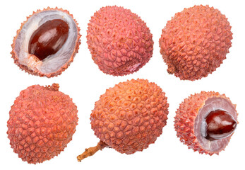 Set of lychee fruits and lychees cut in half isolated on white background. File contains clipping paths.