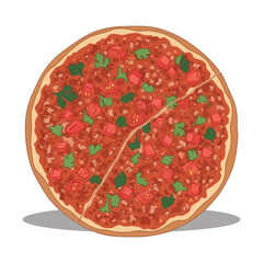 Cartoon Illustration of Round Pizza with Ground Meat, Tomatoes, and Parsley Topping