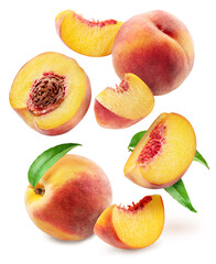Ripe peaches and peach slices levitating in air on white background. File contains clipping paths.
