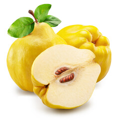Ripe quinces with green leaves and half of quince on white background. File contains clipping path.