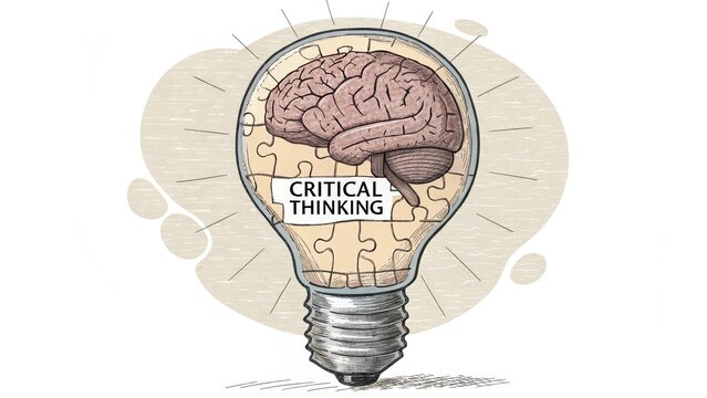 An illustrated brain inside a lightbulb showing critical thinking - Powered by Adobe