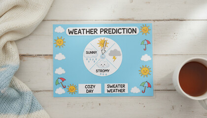 Weather prediction chart with sun, clouds, rain, and lightning, next to a cup of tea and a blanket.