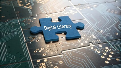 A blue puzzle piece labeled Digital Literacy fitting on a circuit board