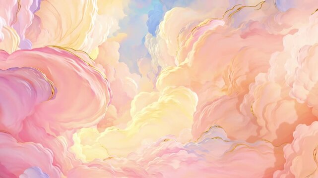 Colorful clouds in soft pastels evolve across the sky, revealing intricate textures and layers, creating a serene atmosphere with a smooth upward camera tilt