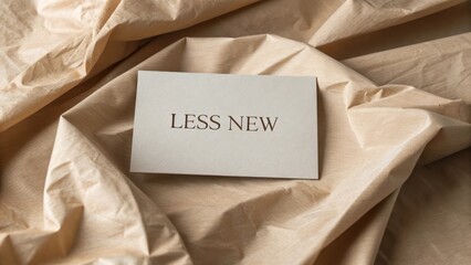 A card with Less New message on wrinkled brown paper