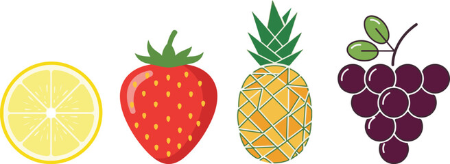 Set of Flat Design Fruit Icons: Lemon, Strawberry, Pineapple, Grapes