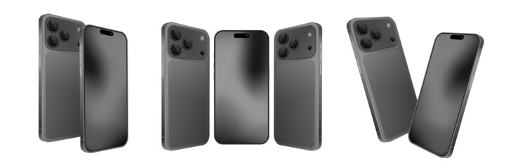 3D Realistic Smartphone Mockup – Grey Mobile Phone Front, Back and Side View with Triple Camera | Vector Isometric Device Illustration