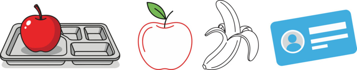 Flat design vector elements: apple, banana, lunch tray, and ID card.
