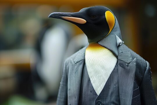 King penguin looking distinguished in a finely tailored suit and bow tie