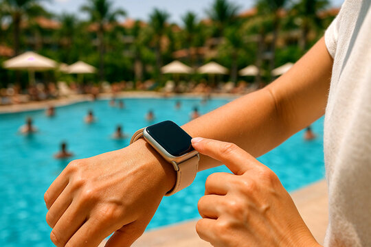 Woman using smartwatch by the pool vacation fitness tracker technology