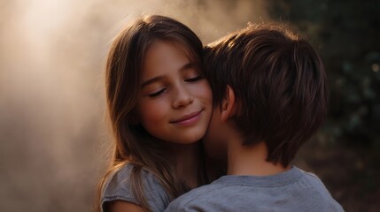 Fototapeta premium A young girl closes her eyes in a tender embrace with a boy amidst soft hazy sunlight