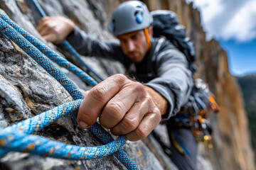 Climber scaling a rocky cliff with focus on hand gripping the rope outdoors in bright daylight