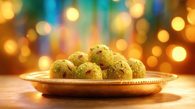 Festive Indian laddu sweets glow on golden plate