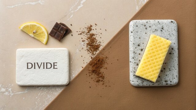 A divided surface demonstrating clean versus dirty with various elements