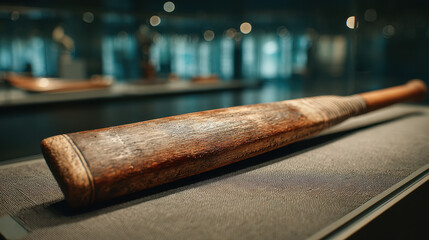 Old wooden baseball bat lying flat on a textured surface inside a dimly lit room with glass display cases blurred in the background giving a vintage sports atmosphere