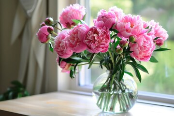 Fototapeta premium Bouquet of fresh pink peonies stands in a glass vase on a windowsill, enjoying the natural light