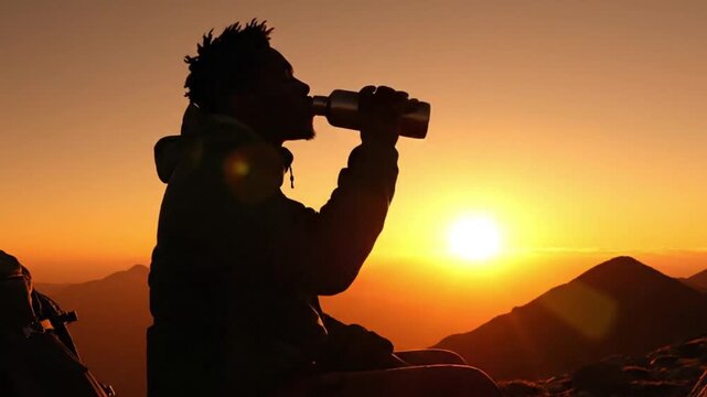 Hiker quenching thirst at sunset mountain peaks outdoor adventure scenic view silhouette perspective nature's beauty