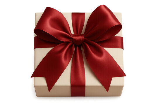 White gift box wrapped with satin red ribbon and bow, symbolizing celebration, holidays, giving, surprises, and joy - Powered by Adobe