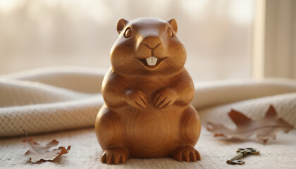 A cork coaster with a paw print design and a cute cartoon groundhog.