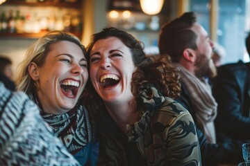 Two happy women are laughing heartily while enjoying a drink together at a cozy pub, sharing a moment of genuine joy and camaraderie