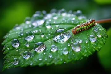 Caterpillar and Water Droplets on a Green Leaf