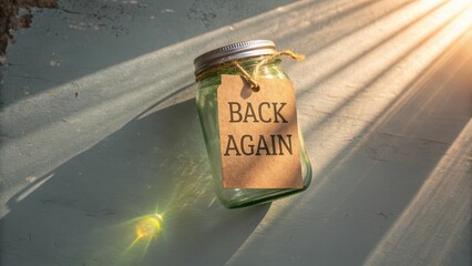 A Reused Glass Jar With Back Again Tag in Sunlight
