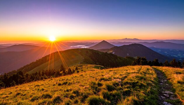 Golden hour illuminates a mountain trail, with rolling hills fading into a distant horizon under a clear sky