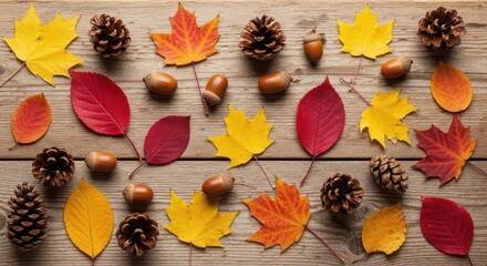 Autumn leaves and pinecones on wood